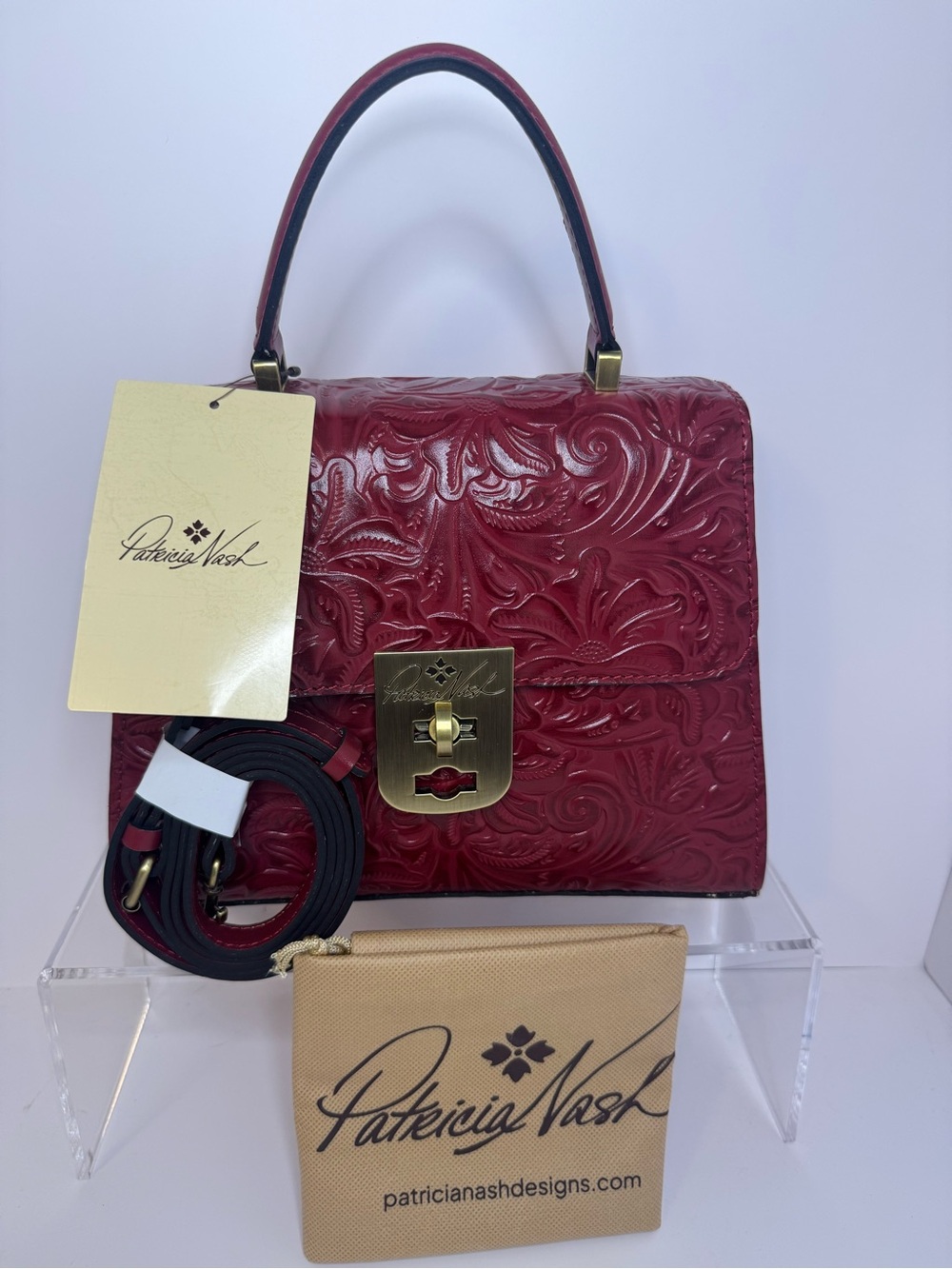Patricia Nash NWT Chauny Red Floral Burnished Tooled Leather Two-Way Bag